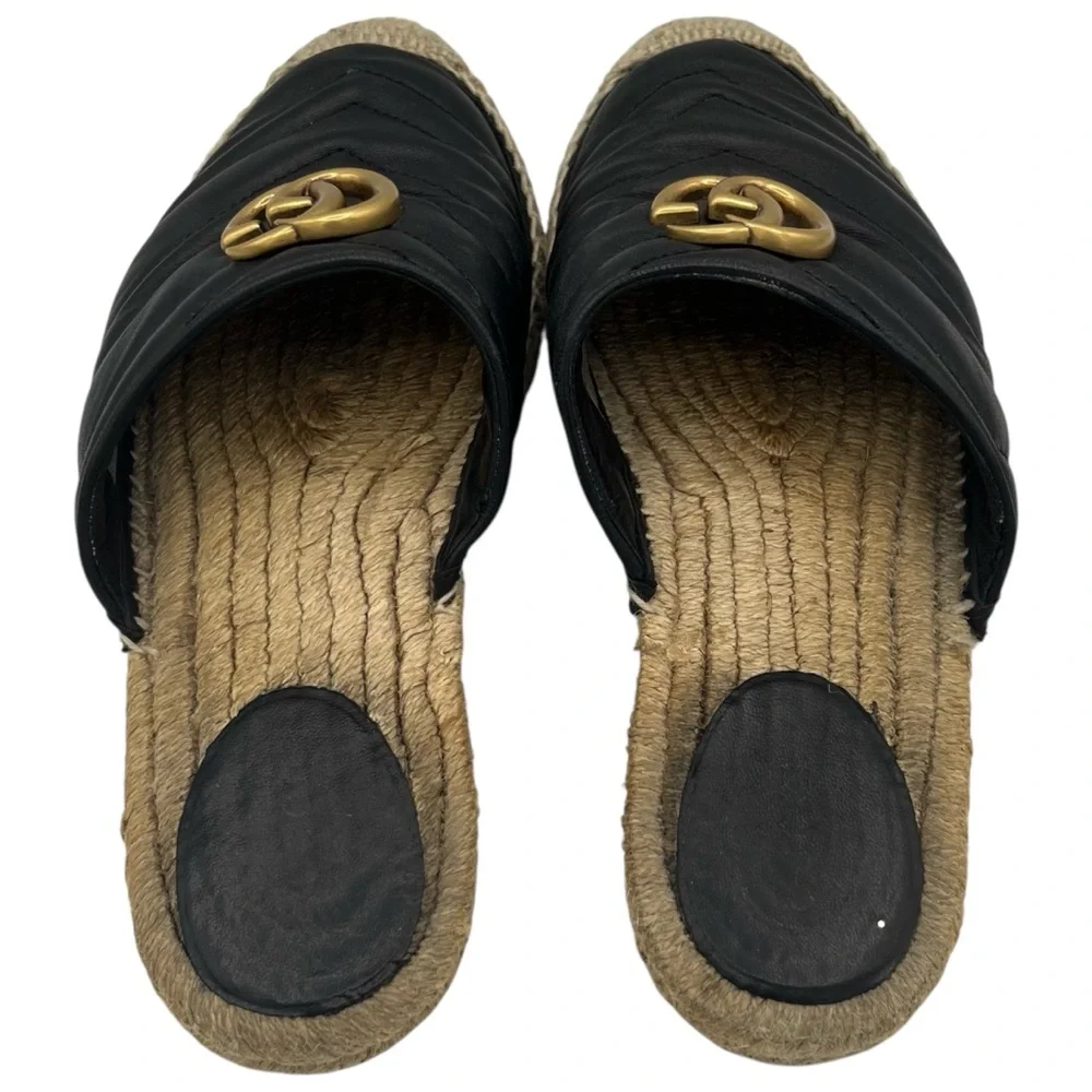 Gucci GG Marmont Black Matelassé Leather Espadrille Mules EU 37 US 7
